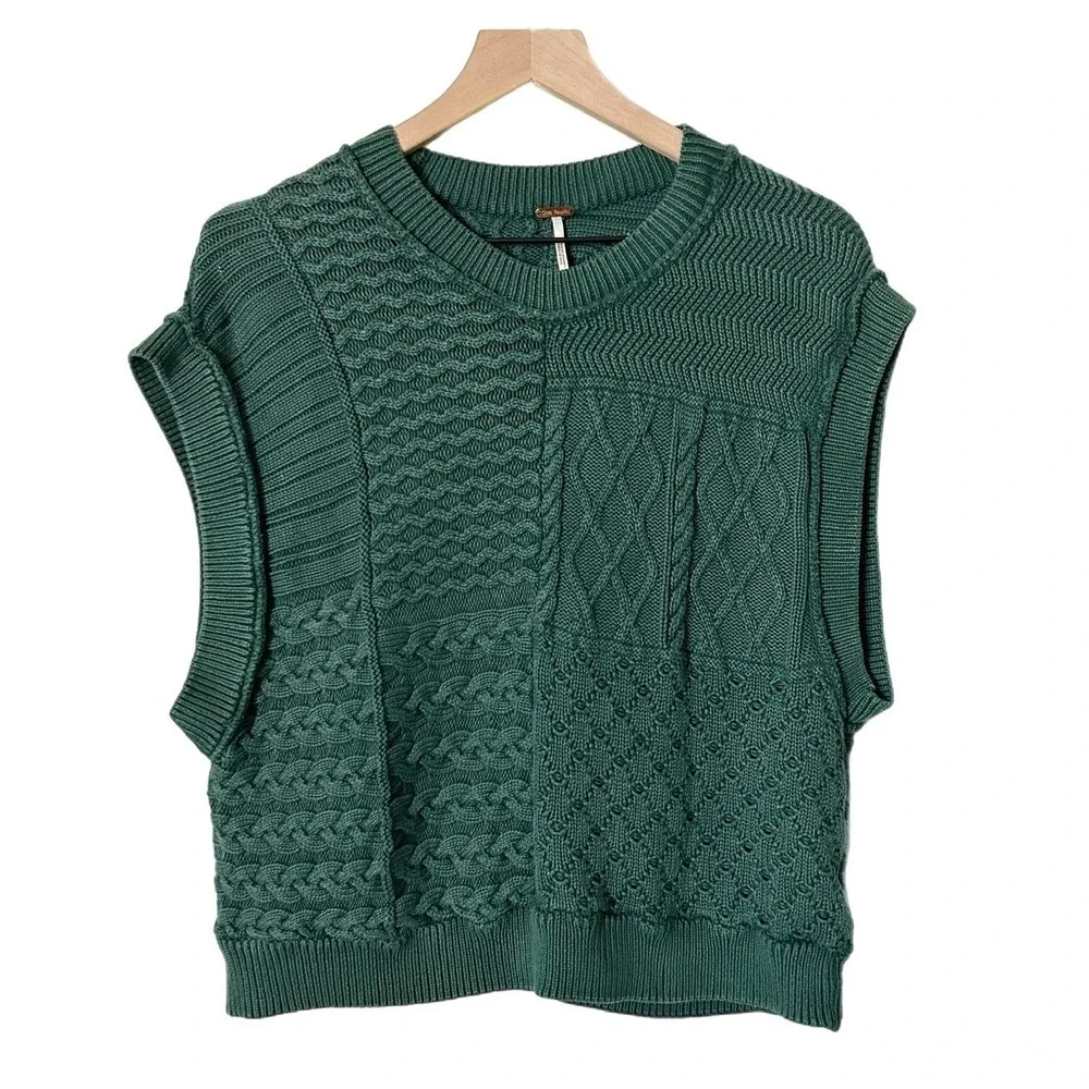 Free People Women Green Patchwork Cable Knit Cotton Sweater Vest Small OB66170